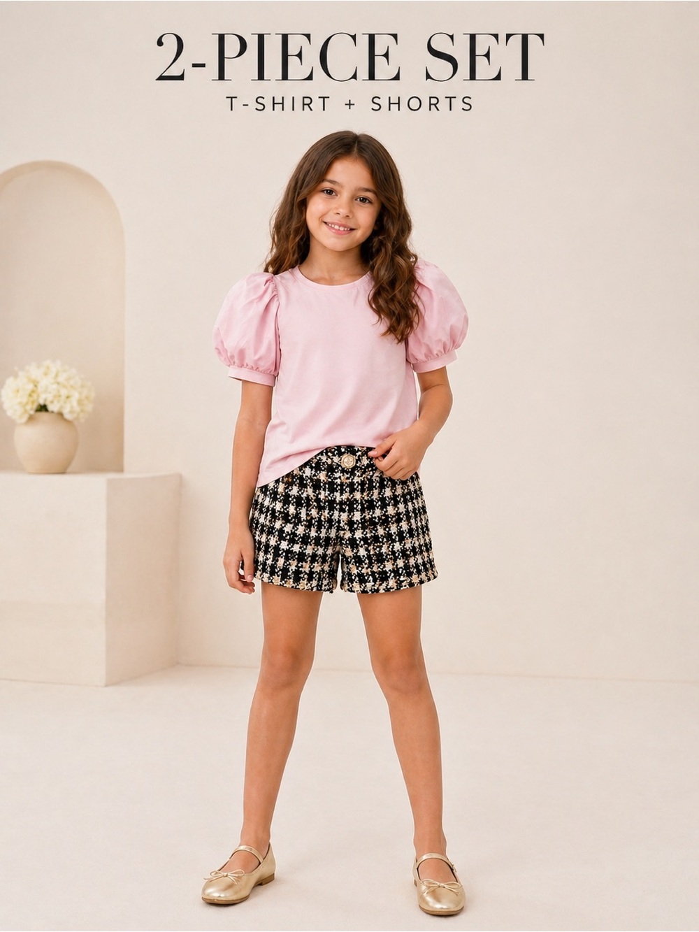 A Loves A Girls 2-Piece Set Pink Top Tweed Sequin Shorts Size M 9-10Y NWT